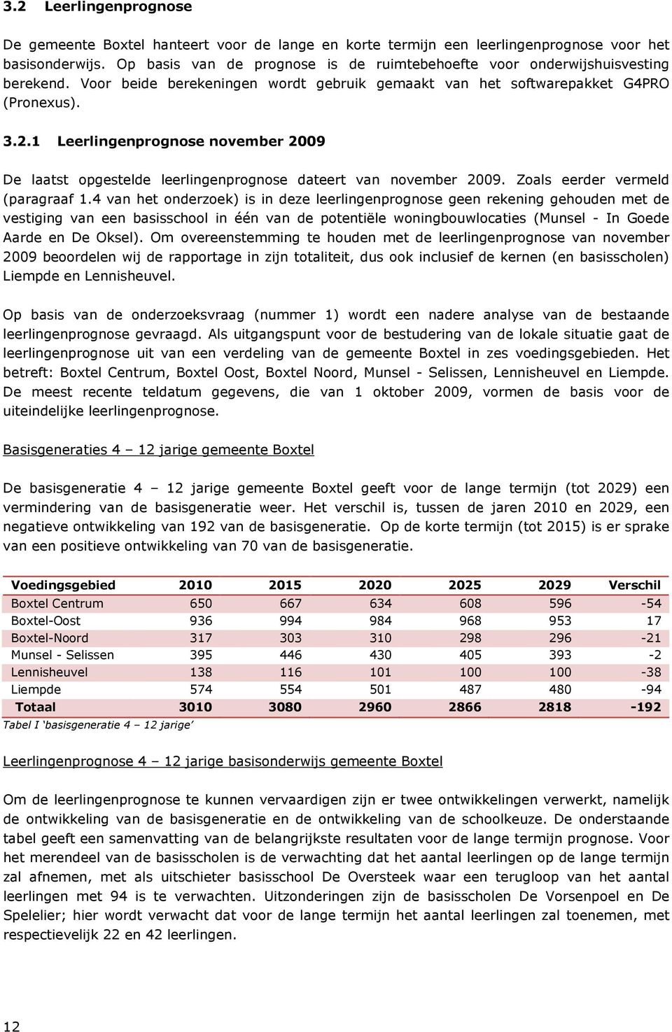 1 Leerlingenprognose november 2009 De laatst opgestelde leerlingenprognose dateert van november 2009. Zoals eerder vermeld (paragraaf 1.