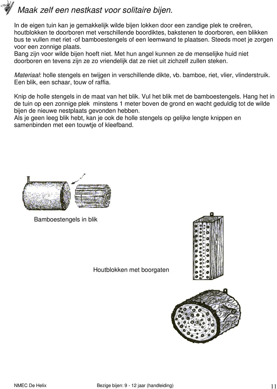 riet -of bamboestengels of een leemwand te plaatsen. Steeds moet je zorgen voor een zonnige plaats. Bang zijn voor wilde bijen hoeft niet.