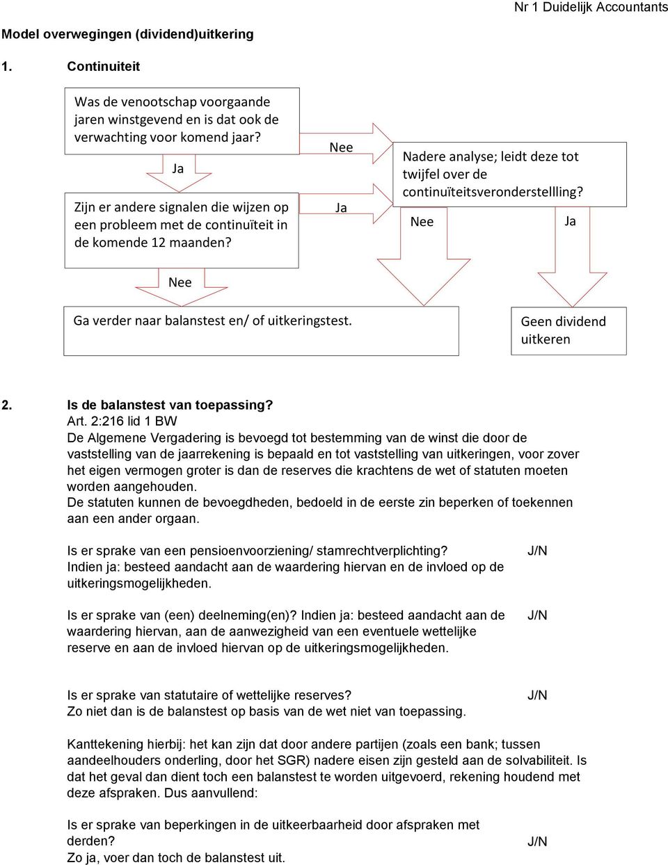 Nee Ja Nee Ga verder naar balanstest en/ of uitkeringstest. Geen dividend uitkeren 2. Is de balanstest van toepassing? Art.