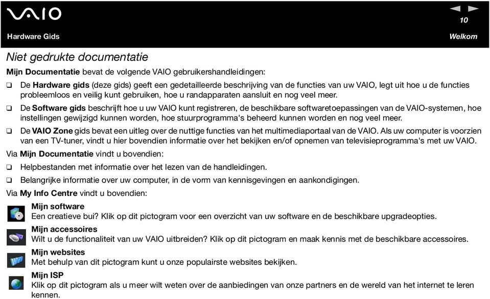 De Software gids beschrijft hoe u uw VAIO kunt registreren, de beschikbare softwaretoepassingen van de VAIO-systemen, hoe instellingen gewijzigd kunnen worden, hoe stuurprogramma's beheerd kunnen