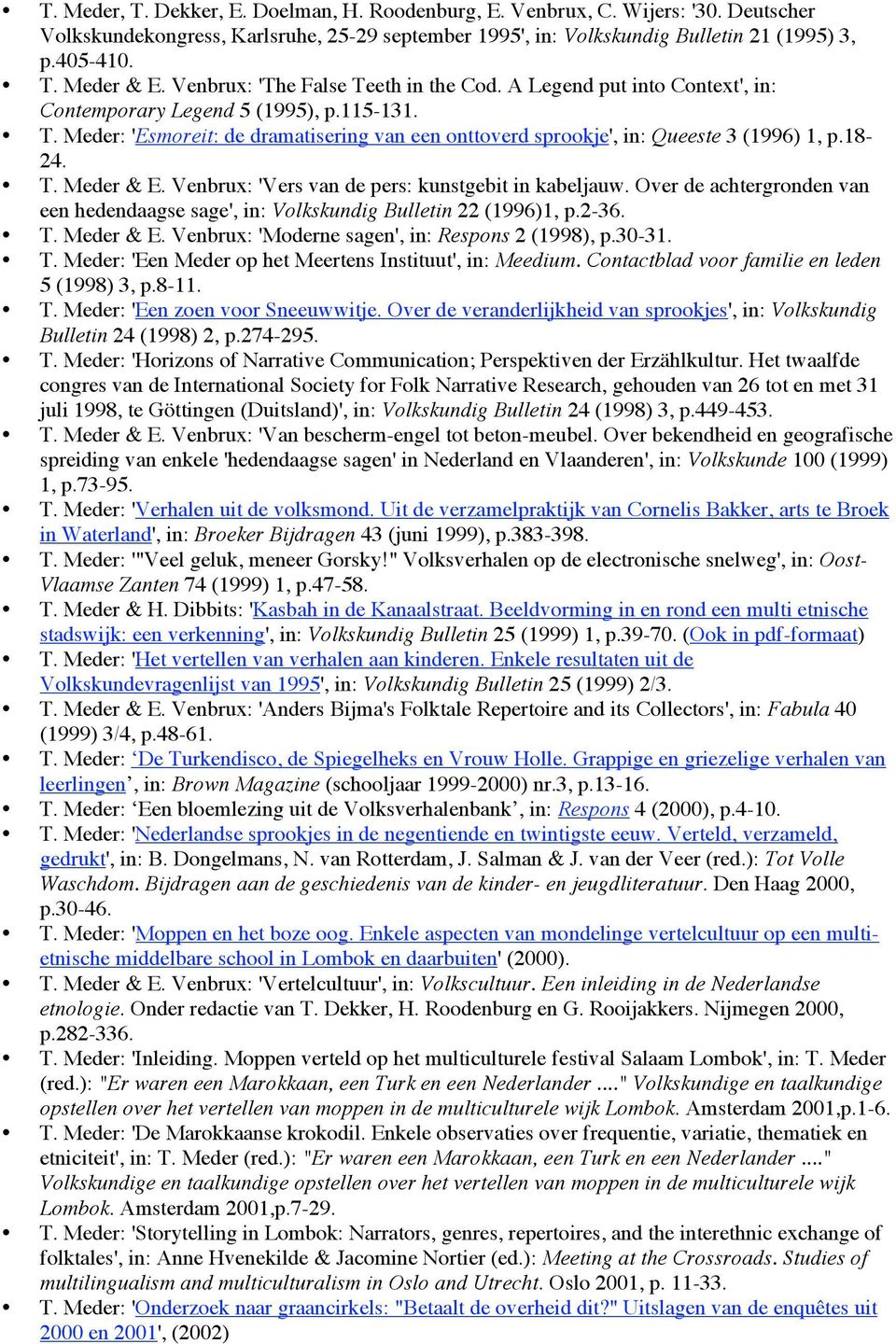 18-24. T. Meder & E. Venbrux: 'Vers van de pers: kunstgebit in kabeljauw. Over de achtergronden van een hedendaagse sage', in: Volkskundig Bulletin 22 (1996)1, p.2-36. T. Meder & E. Venbrux: 'Moderne sagen', in: Respons 2 (1998), p.