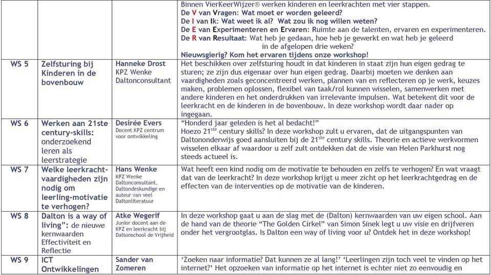 Dalton is a way of living : de nieuwe kernwaarden Effectiviteit en Reflectie ICT Ontwikkelingen Hanneke Drost KPZ Wenke Daltonconsultant Desirée Evers Docent KPZ centrum voor ontwikkeling Hans Wenke