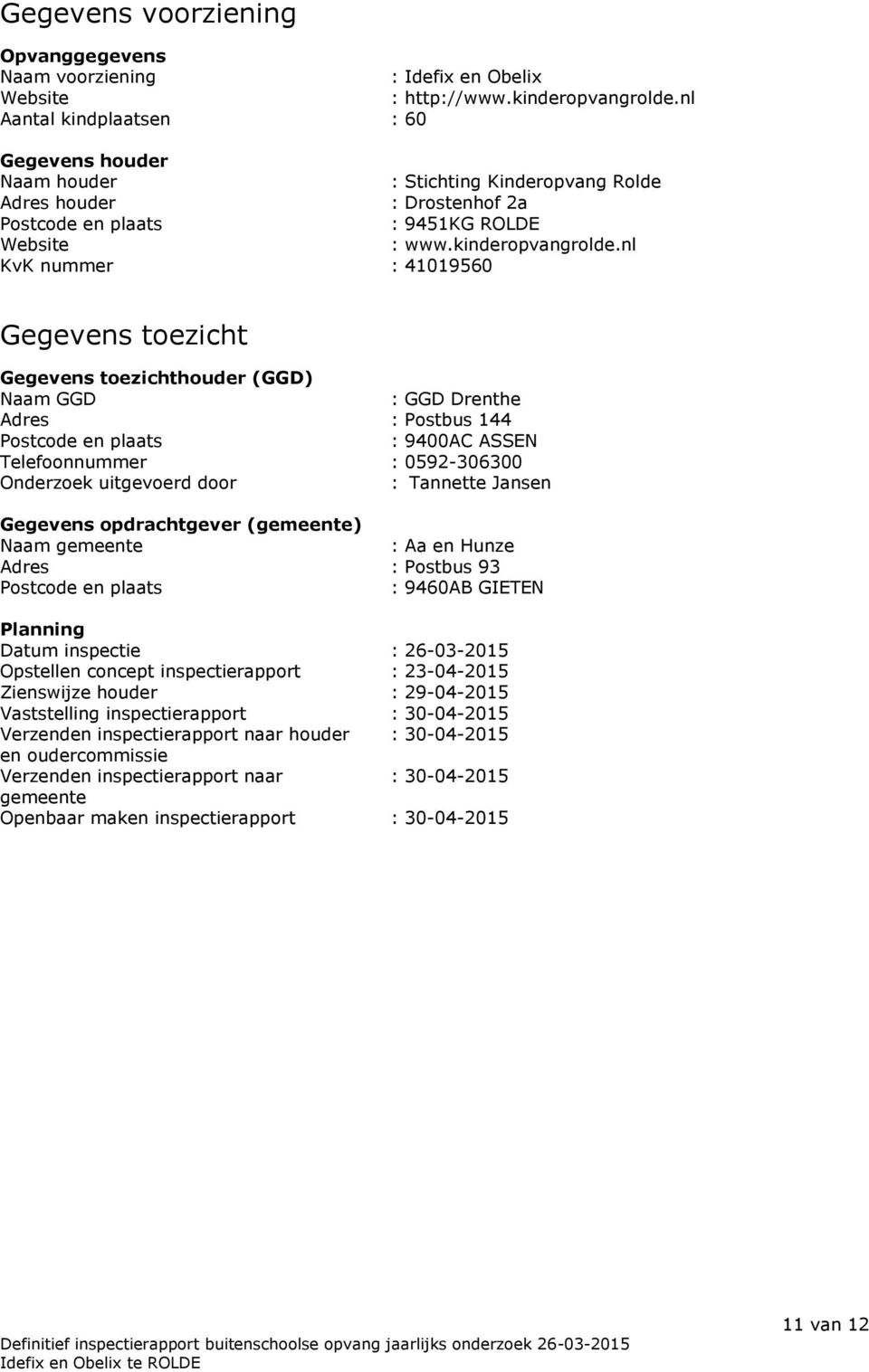 nl KvK nummer : 41019560 Gegevens toezicht Gegevens toezichthouder (GGD) Naam GGD : GGD Drenthe Adres : Postbus 144 Postcode en plaats : 9400AC ASSEN Telefoonnummer : 0592-306300 Onderzoek uitgevoerd