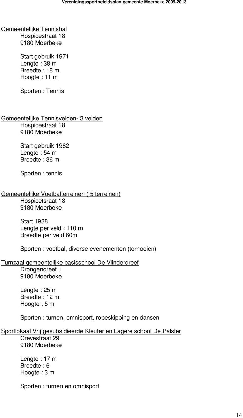 veld 60m Sporten : voetbal, diverse evenementen (tornooien) Turnzaal gemeentelijke basisschool De Vlinderdreef Drongendreef 1 9180 Moerbeke Lengte : 25 m Breedte : 12 m Hoogte : 5 m Sporten :