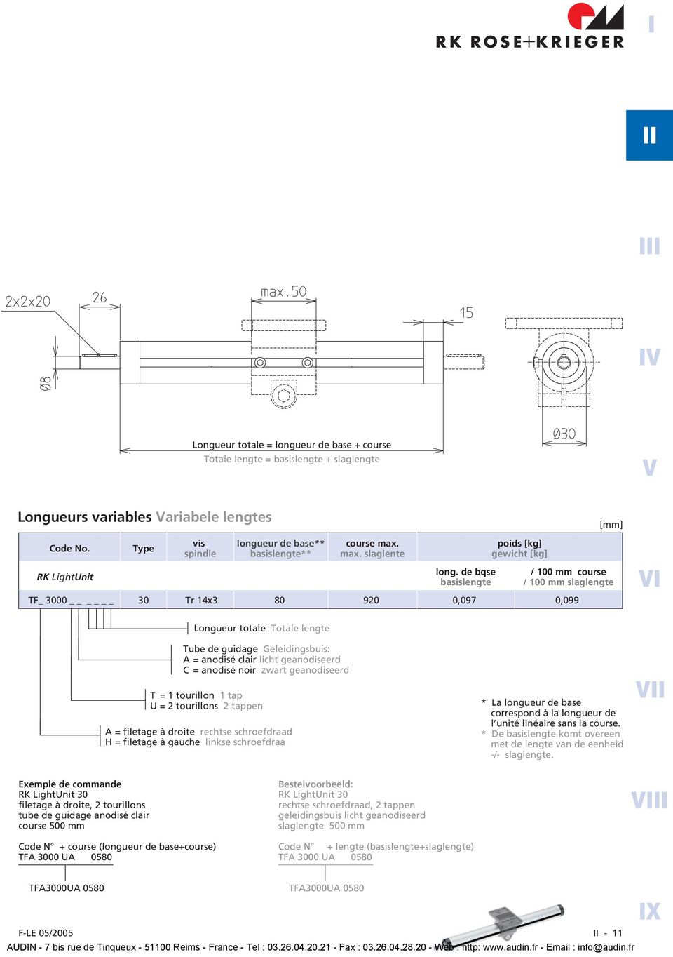 de bqse basislengte poids [kg] gewicht [kg] / 100 mm course / 100 mm slaglengte TF_ 3000 30 Tr 14x3 80 920 0,097 0,099 VI Longueur totale Totale lengte Tube de guidage Geleidingsbuis: A = anodisé