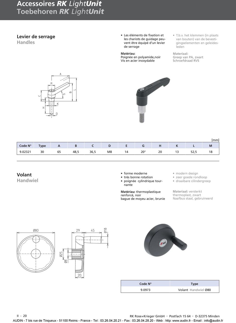 het klemmen (in plaats van bouten) van de bevestigingselementen en geleidesleden Materiaal: Greep van PA, zwart Schroefdraad RVS Code N Type A B C D E G H K L M 9.