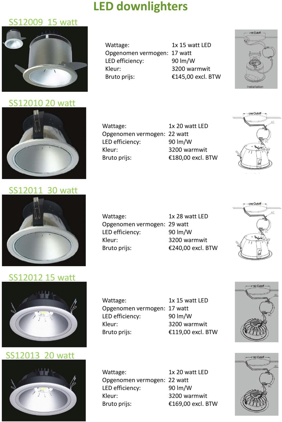 BTW SS12011 30 watt 1x 28 watt LED Opgenomen vermogen: 29 watt 3200 warmwit 240,00 excl.