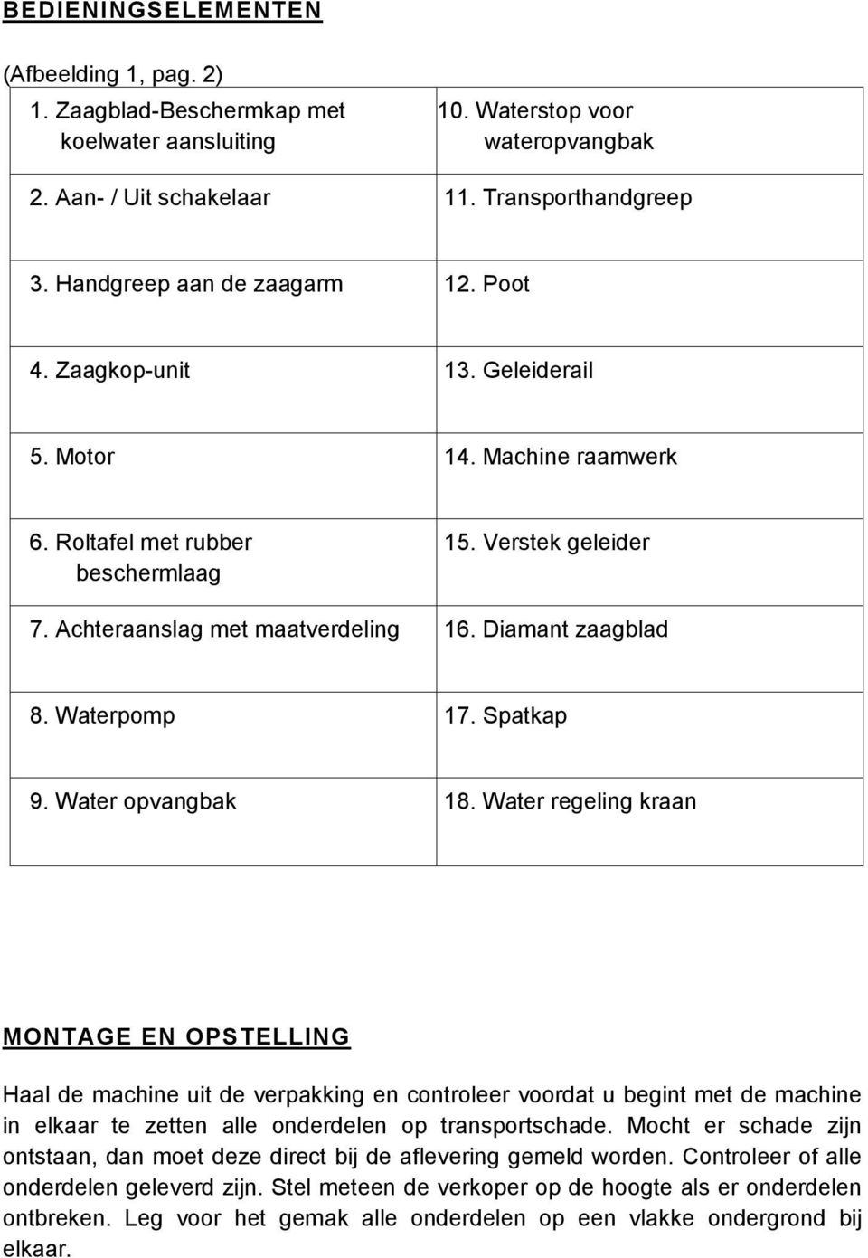 Diamant zaagblad 8. Waterpomp 17. Spatkap 9. Water opvangbak 18.