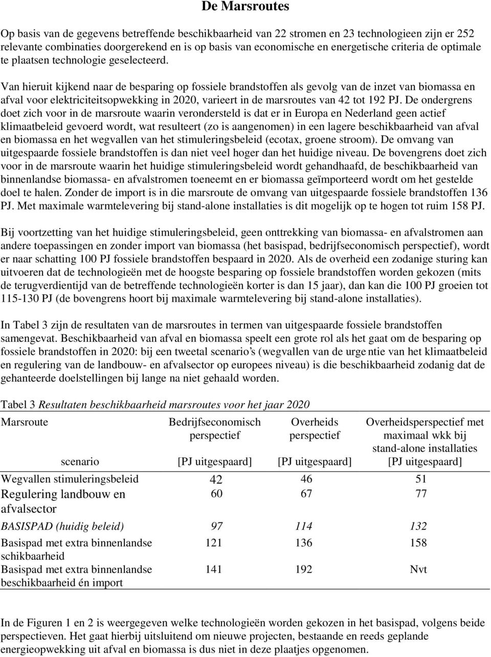 Van hieruit kijkend naar de besparing op fossiele brandstoffen als gevolg van de inzet van biomassa en afval voor elektriciteitsopwekking in 2020, varieert in de marsroutes van 42 tot 192 PJ.