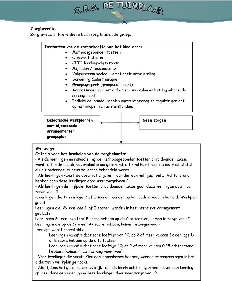 Cesartherapie Groepsgesprek (groepsdocument) Aanpassingen van het didactisch werkplan en het bijbehorende arrangement Individueel handelingsplan omtrent gedrag en cognitie gericht op het inlopen van