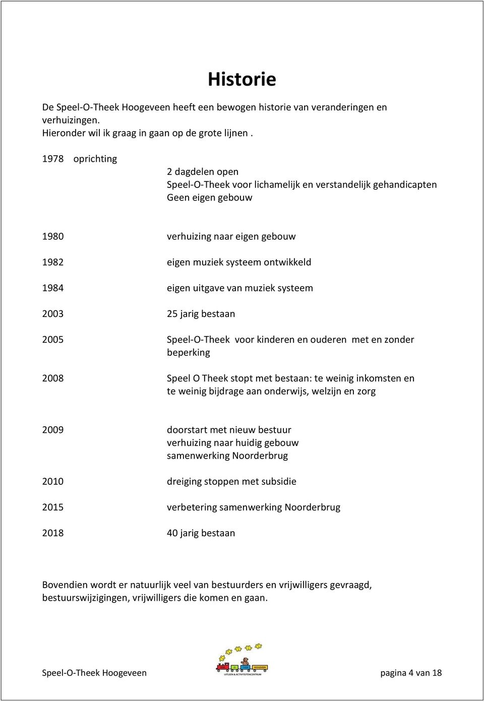 uitgave van muziek systeem 2003 25 jarig bestaan 2005 Speel-O-Theek voor kinderen en ouderen met en zonder beperking 2008 Speel O Theek stopt met bestaan: te weinig inkomsten en te weinig bijdrage