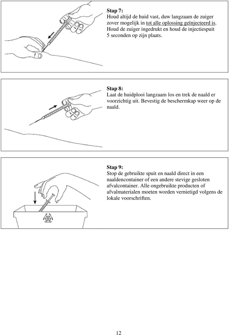 Stap 8: Laat de huidplooi langzaam los en trek de naald er voorzichtig uit. Bevestig de beschermkap weer op de naald.