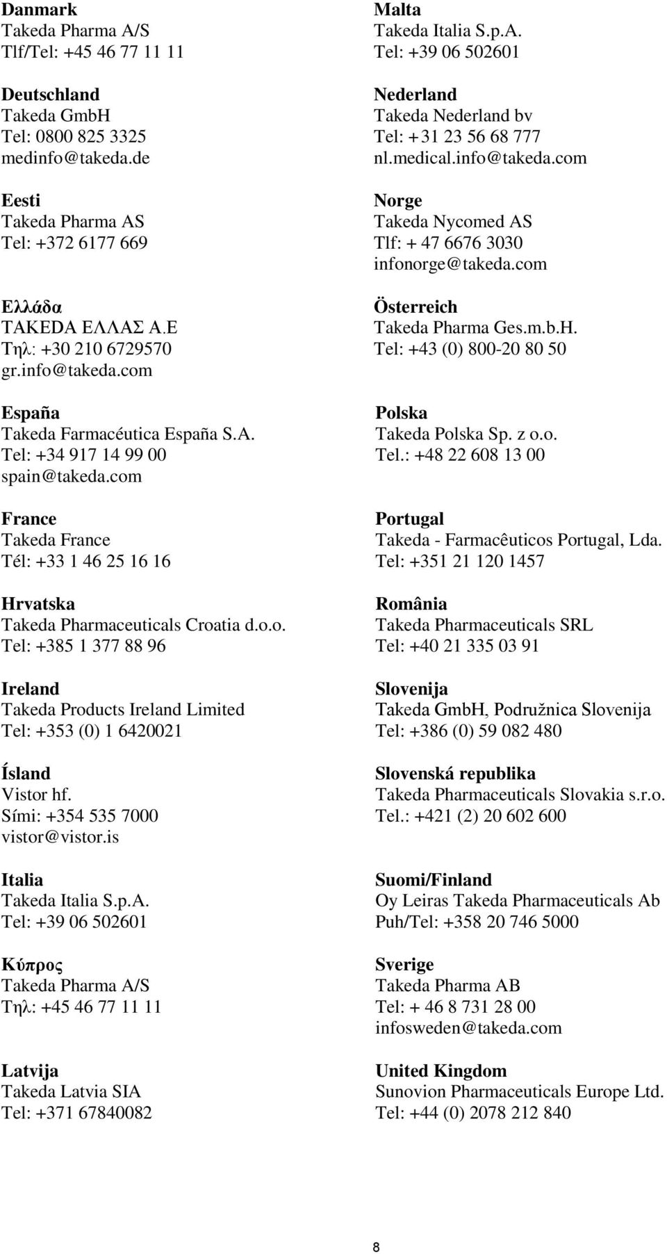 com France Takeda France Tél: +33 1 46 25 16 16 Hrvatska Takeda Pharmaceuticals Croatia d.o.o. Tel: +385 1 377 88 96 Ireland Takeda Products Ireland Limited Tel: +353 (0) 1 6420021 Ísland Vistor hf.