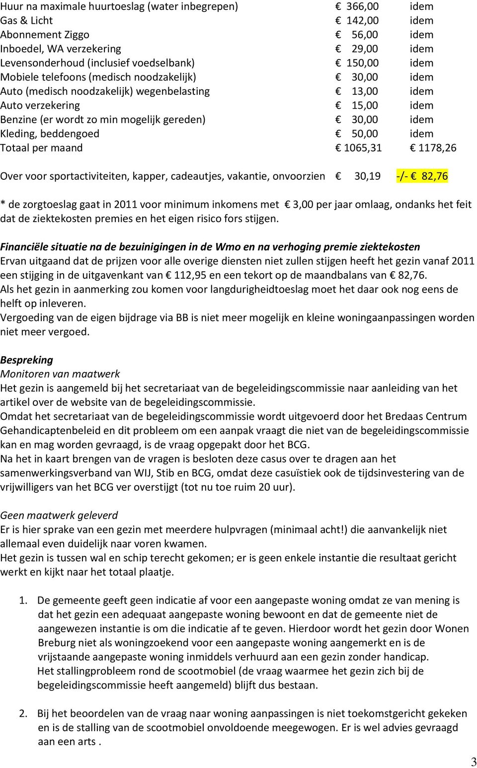 beddengoed 50,00 idem Totaal per maand 1065,31 1178,26 Over voor sportactiviteiten, kapper, cadeautjes, vakantie, onvoorzien 30,19 -/- 82,76 * de zorgtoeslag gaat in 2011 voor minimum inkomens met