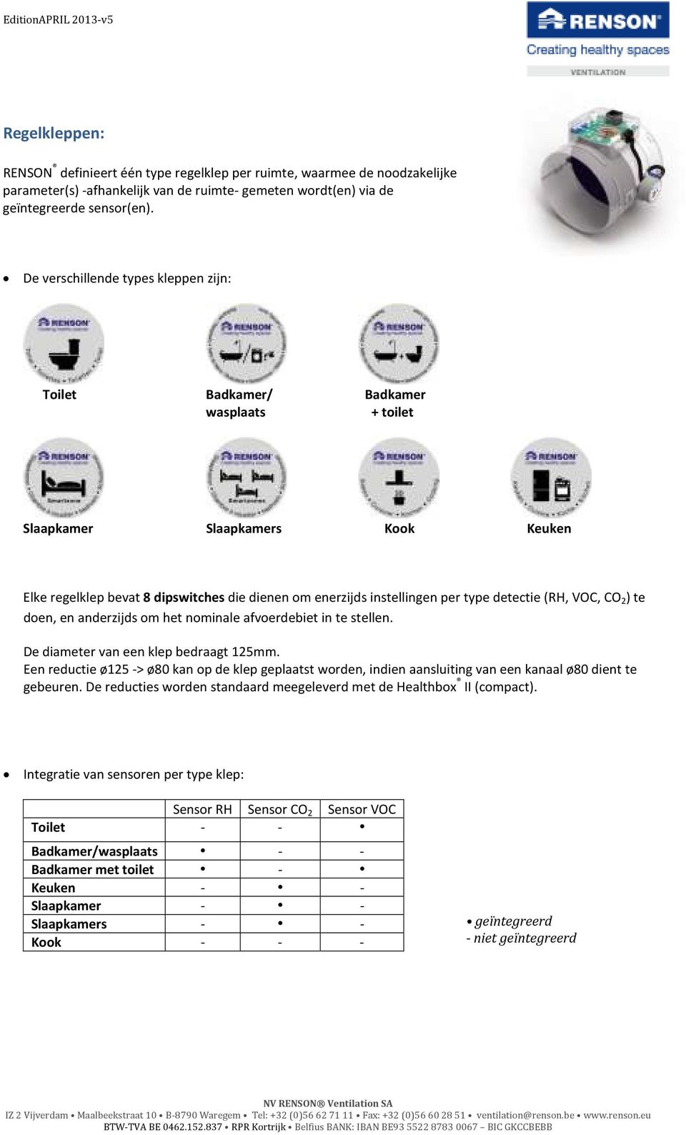 detectie (RH, VOC, CO 2 ) te doen, en anderzijds om het nominale afvoerdebiet in te stellen. De diameter van een klep bedraagt 125mm.