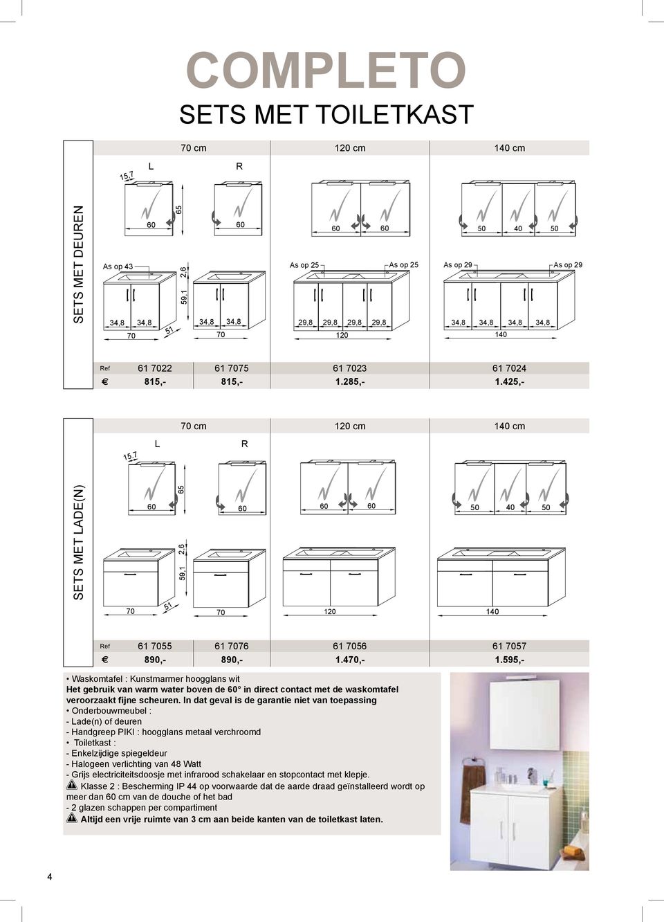 595,- Waskomtafel : Kunstmarmer hoogglans wit Het gebruik van warm water boven de in direct contact met de waskomtafel veroorzaakt fijne scheuren.