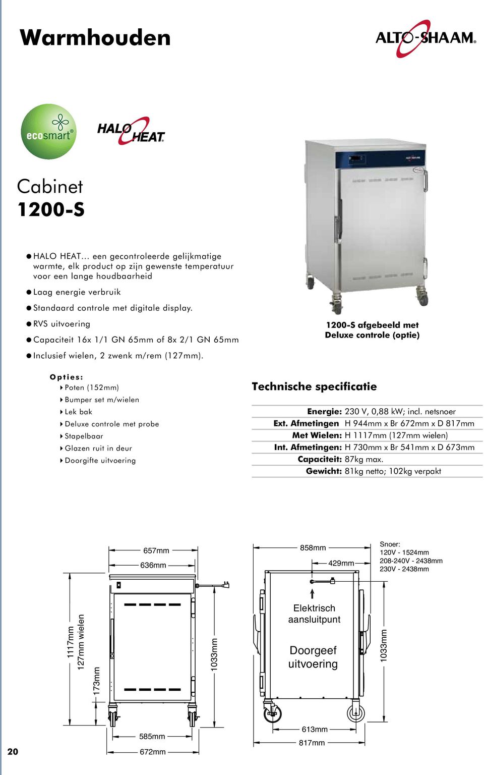 = RVS uitvoering =Capaciteit 16x 1/1 GN 65mm of 8x 2/1 GN 65mm = Inclusief wielen, 2 zwenk m/rem (127mm).