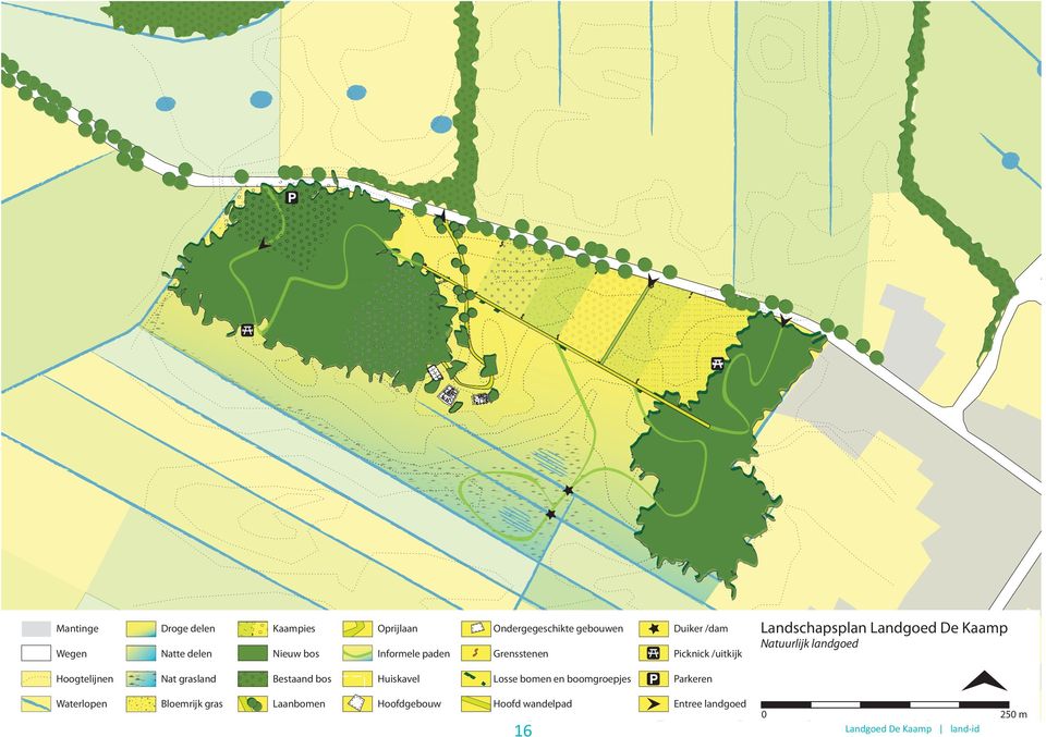 bos Informele paden Grensstenen Picknick /uitkijk Hoogtelijnen Nat grasland Bestaand bos Huiskavel Losse bomen