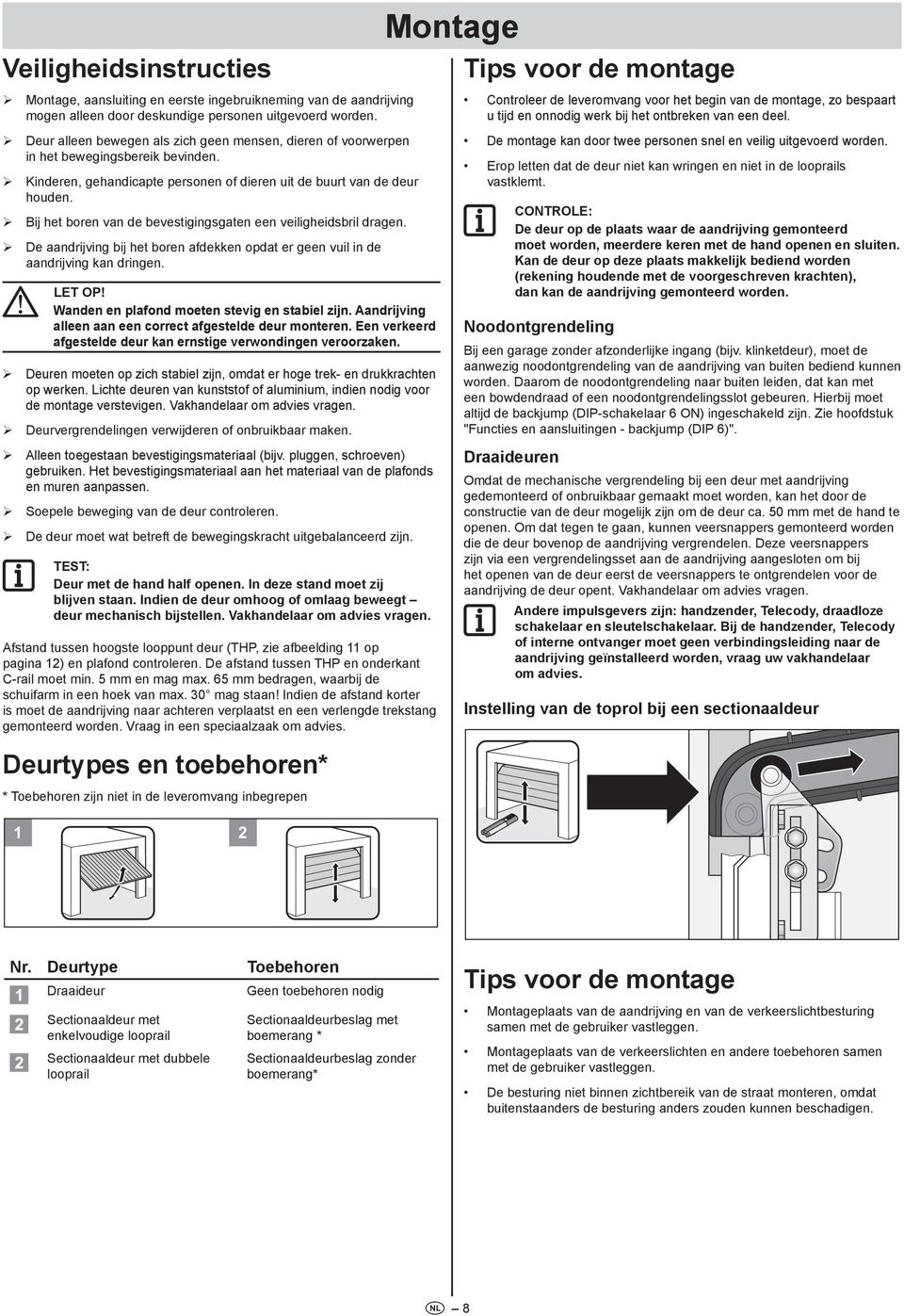 ¾ Deur alleen bewegen als zich geen mensen, dieren of voorwerpen in het bewegingsbereik bevinden. ¾ Kinderen, gehandicapte personen of dieren uit de buurt van de deur houden.