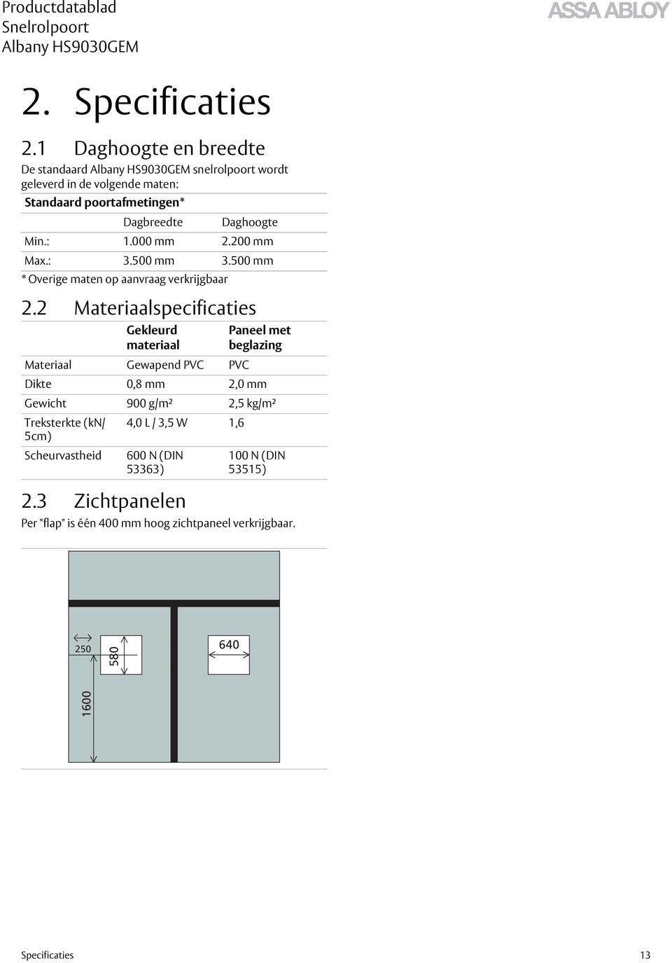 aanvraag verkrijgbaar 2.2 Materiaalspecificaties 2.3 Zichtpanelen Daghoogte Min.: 1.000 mm 2.200 mm Max.: 3.500 mm 3.