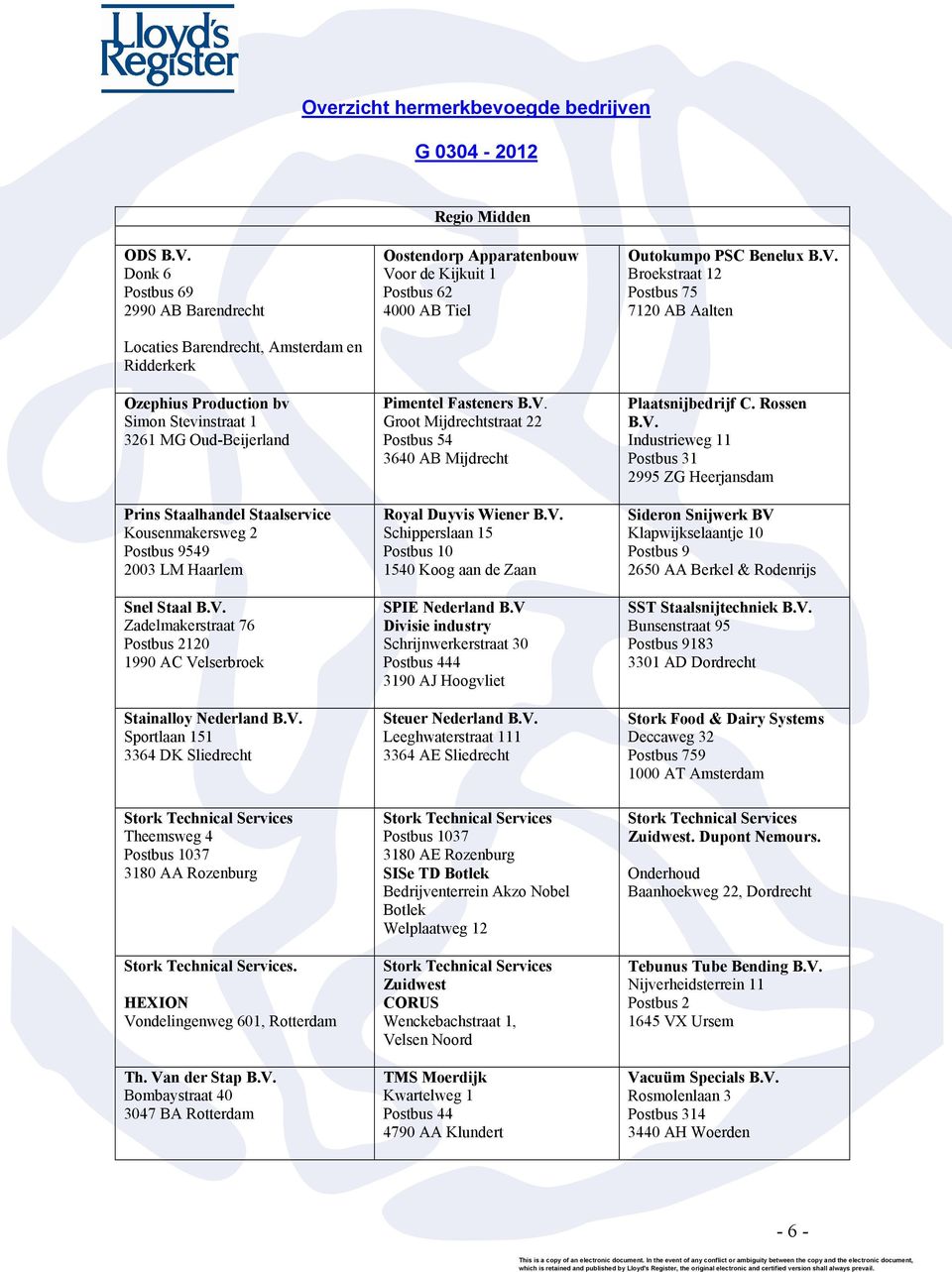 Postbus 9549 2003 LM Haarlem Snel Staal B.V. Zadelmakerstraat 76 Postbus 2120 1990 AC Velserbroek Stainalloy Nederland B.V. Sportlaan 151 3364 DK Sliedrecht Oostendorp Apparatenbouw Voor de Kijkuit 1 Postbus 62 4000 AB Tiel Pimentel Fasteners B.