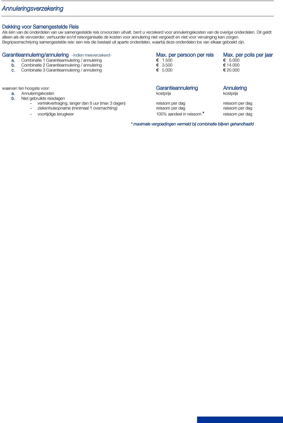 Begripsomschrijving samengestelde reis: een reis die bestaat uit aparte onderdelen, waarbij deze onderdelen los van elkaar geboekt zijn. Garantieannulering/annulering -indien meeverzekerd- Max.