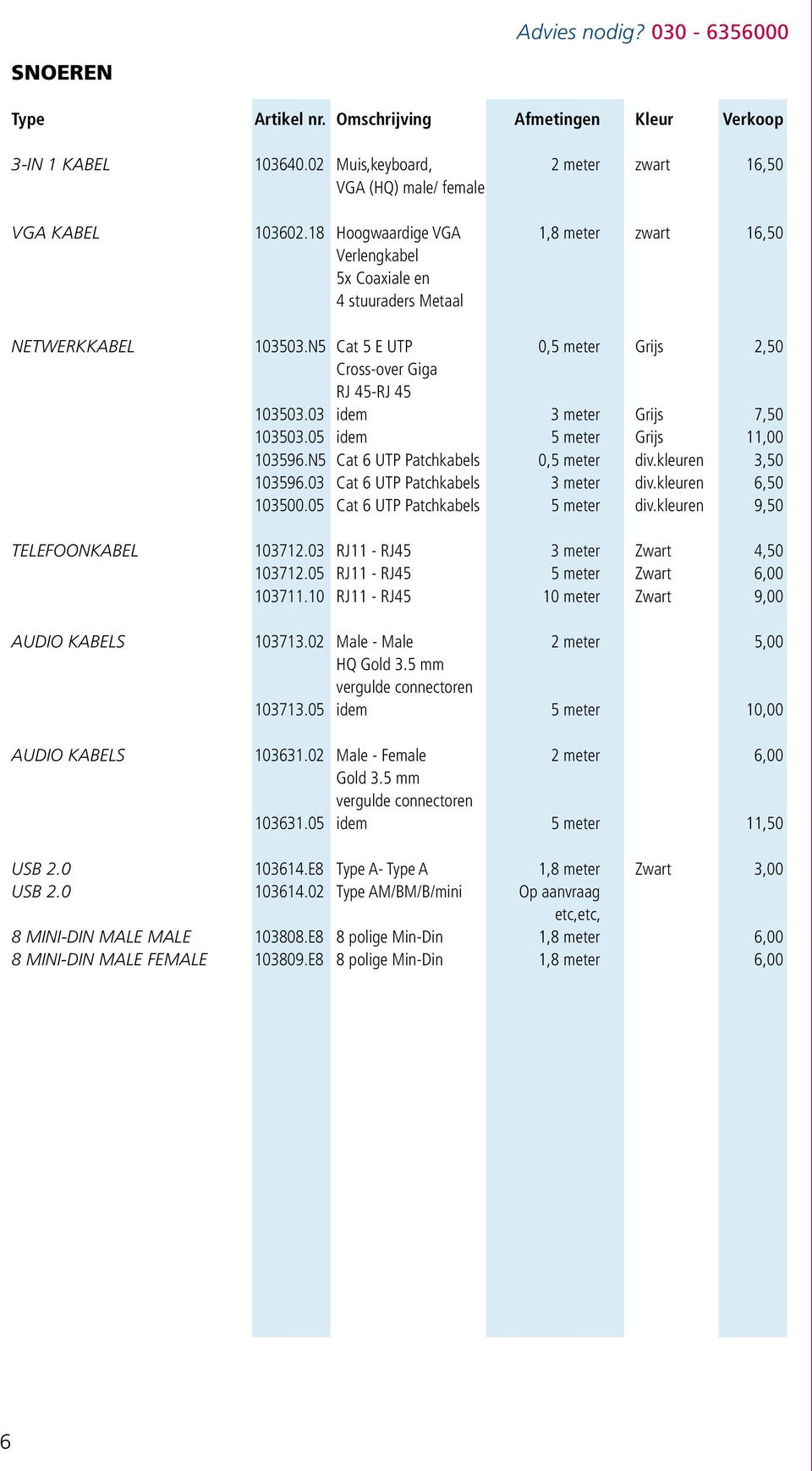 03 idem 3 meter Grijs 7,50 103503.05 idem 5 meter Grijs 11,00 103596.n5 Cat 6 UTP Patchkabels 0,5 meter div.kleuren 3,50 103596.03 Cat 6 UTP Patchkabels 3 meter div.kleuren 6,50 103500.