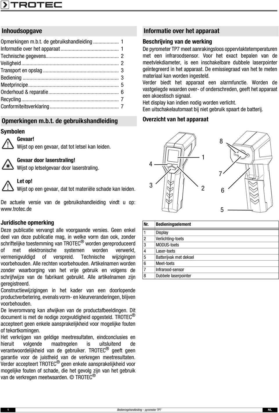 Gevaar door laserstraling! Wijst op letselgevaar door laserstraling. Let op! Wijst op een gevaar, dat tot materiële schade kan leiden. De actuele versie van de gebruikshandleiding vindt u op: www.