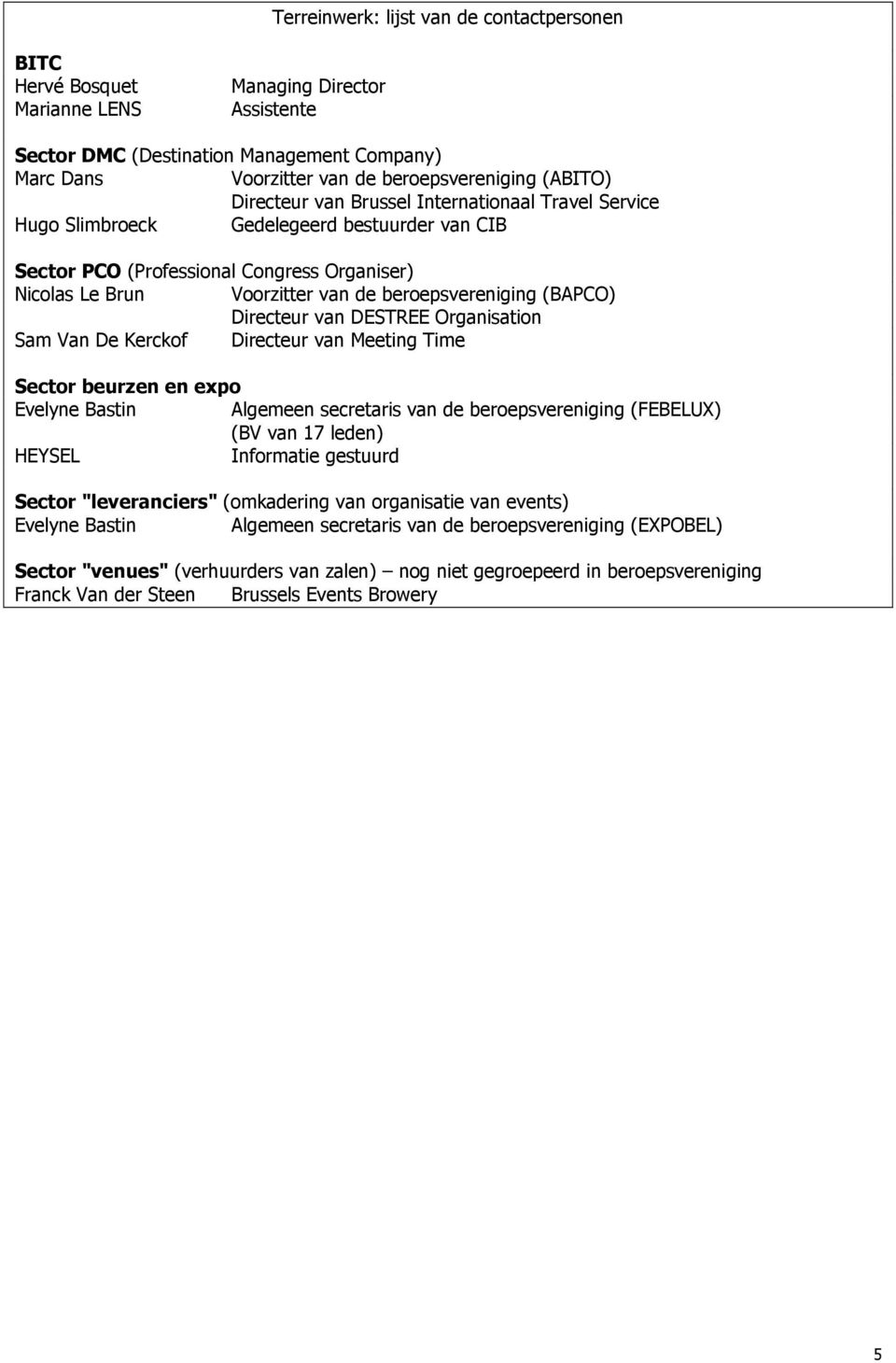 beroepsvereniging (BAPCO) Directeur van DESTREE Organisation Sam Van De Kerckof Directeur van Meeting Time Sector beurzen en expo Evelyne Bastin Algemeen secretaris van de beroepsvereniging (FEBELUX)