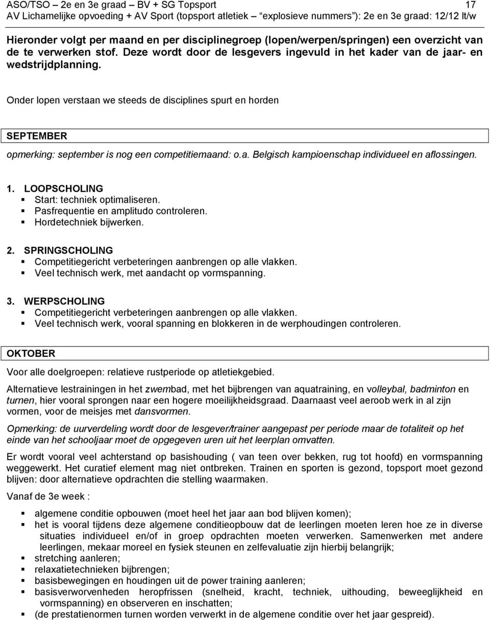 Onder lopen verstaan we steeds de disciplines spurt en horden SEPTEMBER opmerking: september is nog een competitiemaand: o.a. Belgisch kampioenschap individueel en aflossingen. 1.