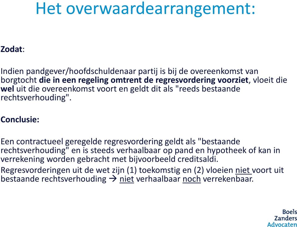 Conclusie: Een contractueel geregelde regresvordering geldt als "bestaande rechtsverhouding" en is steeds verhaalbaar op pand en hypotheek of kan