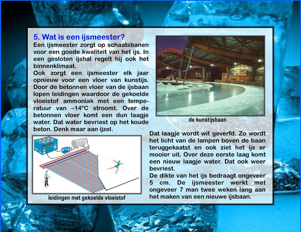 Door de betonnen vloer van de ijsbaan lopen leidingen waardoor de gekoelde vloeistof ammoniak met een temperatuur van 14 C stroomt. Over de betonnen vloer komt een dun laagje water.