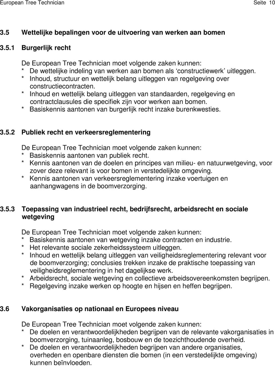 * Inhoud en wettelijk belang uitleggen van standaarden, regelgeving en contractclausules die specifiek zijn voor werken aan bomen. * Basiskennis aantonen van burgerlijk recht inzake burenkwesties. 3.