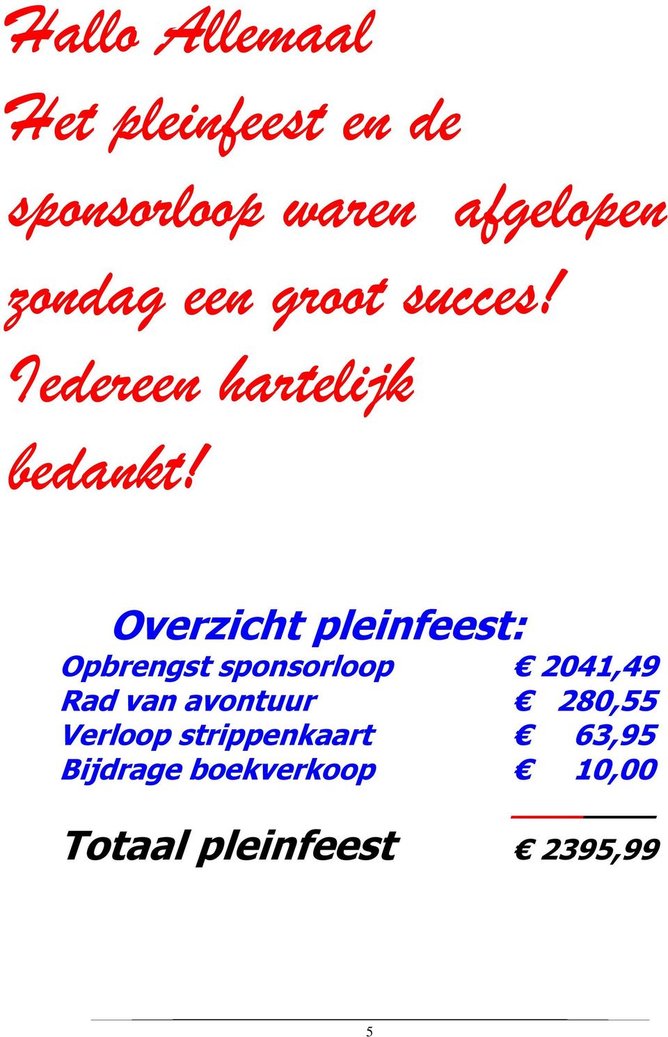 Overzicht pleinfeest: Opbrengst sponsorloop 2041,49 Rad van avontuur