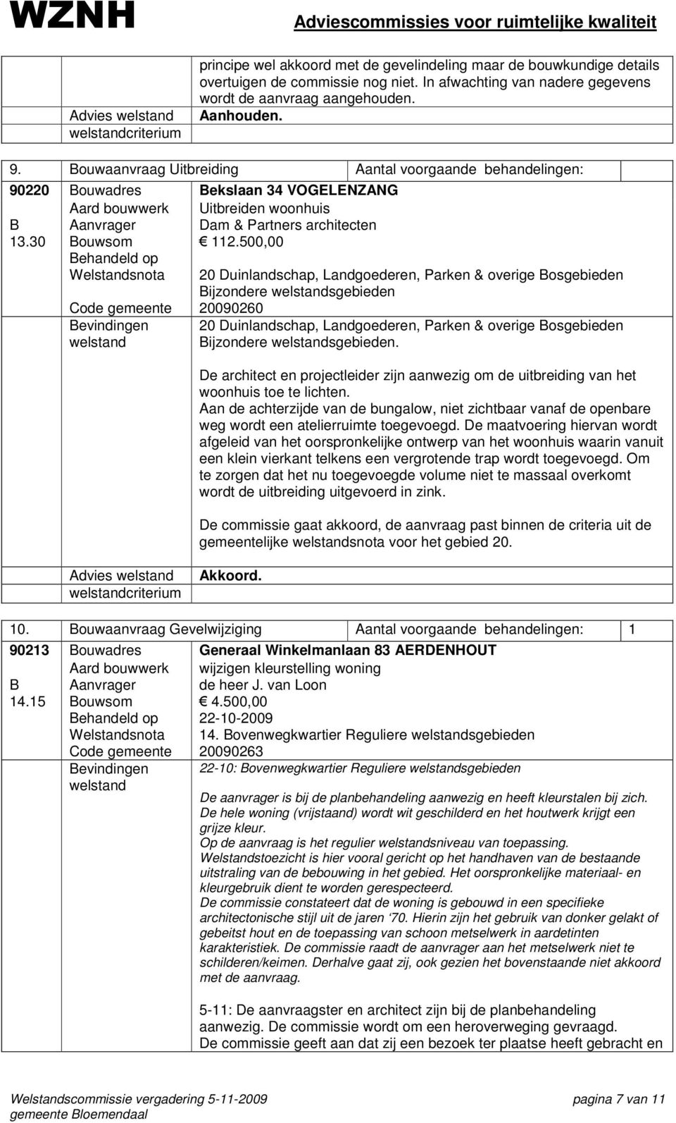 500,00 Welstandsnota Code gemeente 20090260 20 Duinlandschap, Landgoederen, Parken & overige Bosgebieden Bijzondere sgebieden 20 Duinlandschap, Landgoederen, Parken & overige Bosgebieden Bijzondere