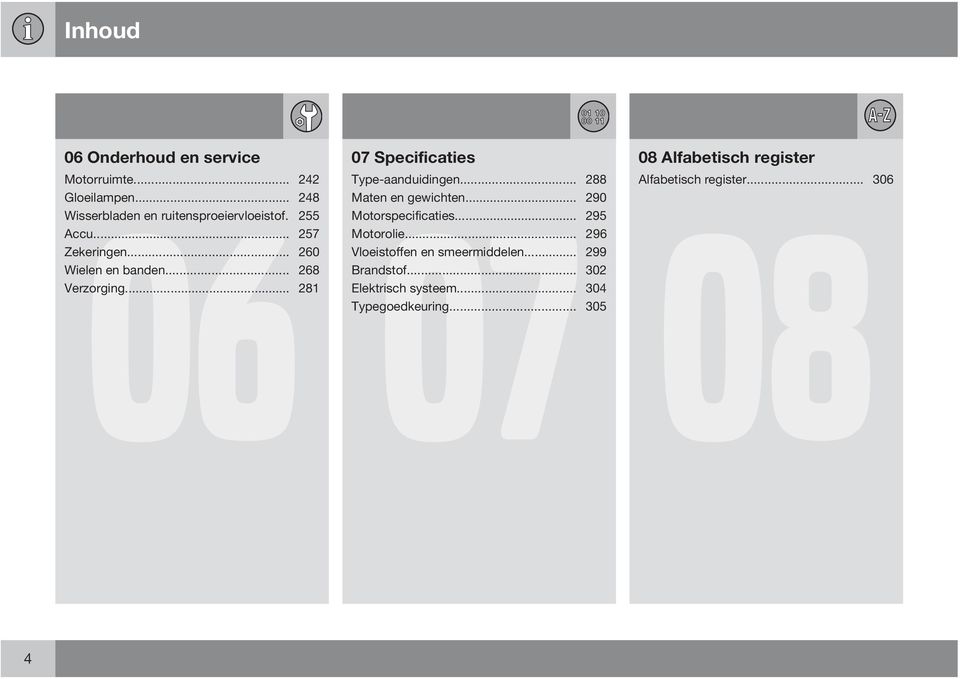 .. 288 Maten en gewichten... 290 Motorspecificaties... 295 Motorolie... 296 Vloeistoffen en smeermiddelen.