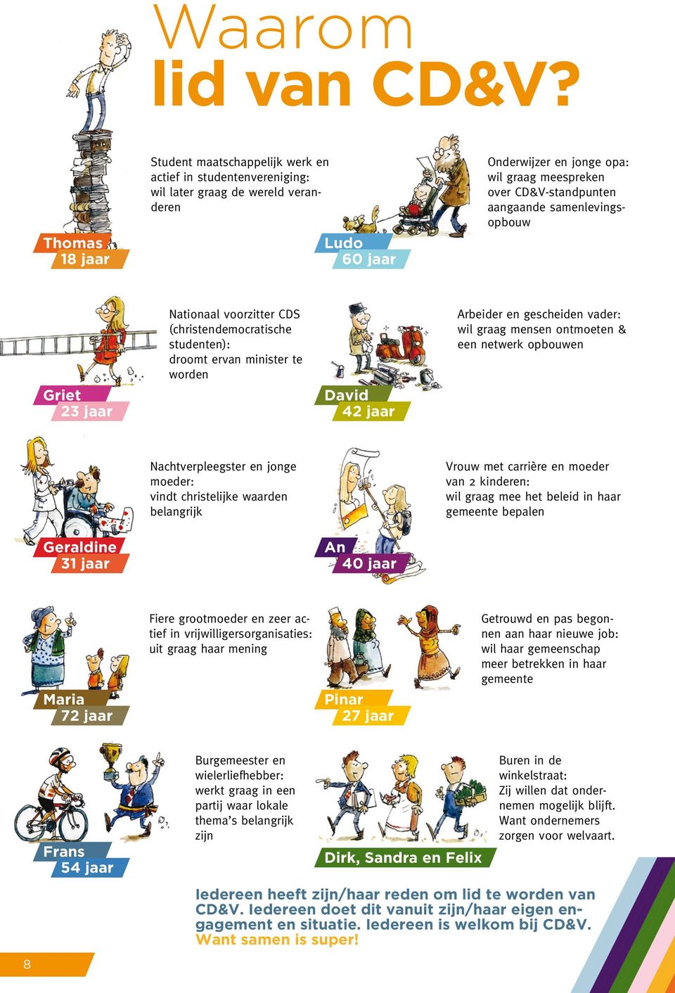 aangaande samenlevingsopbouw griet 23 jaar Nationaal voorzitter CDS (christendemocratische studenten): droomt ervan minister te worden david 42 jaar Arbeider en gescheiden vader: wil graag mensen