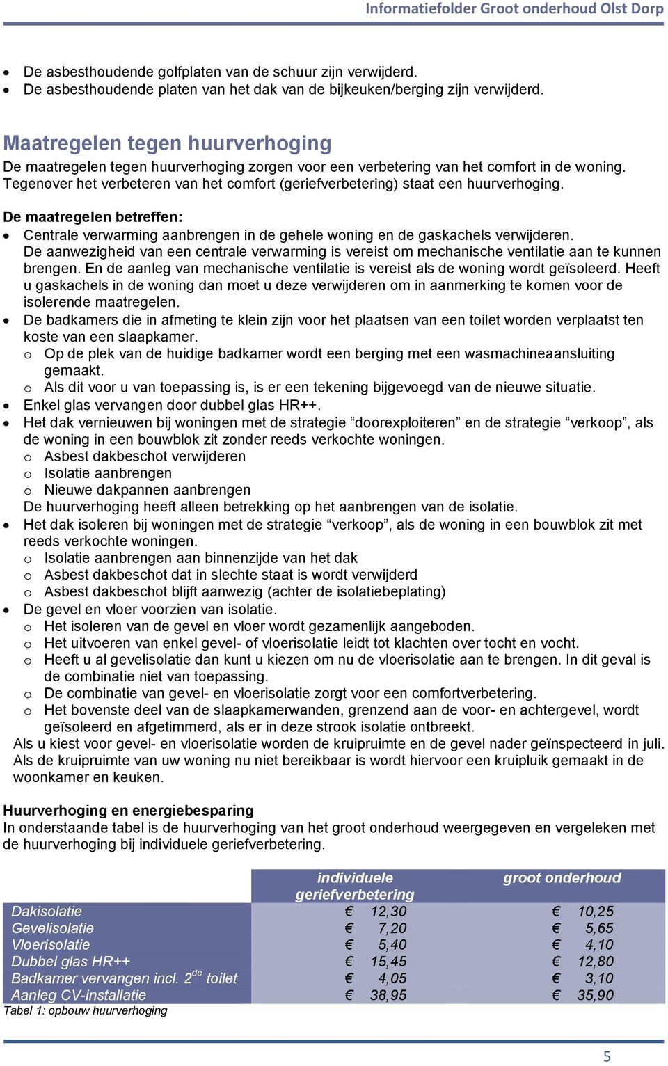 egenover het verbeteren van het comfort (geriefverbetering) staat een huurverhoging. De maatregelen betreffen: Centrale verwarming aanbrengen in de gehele woning en de gaskachels verwijderen.