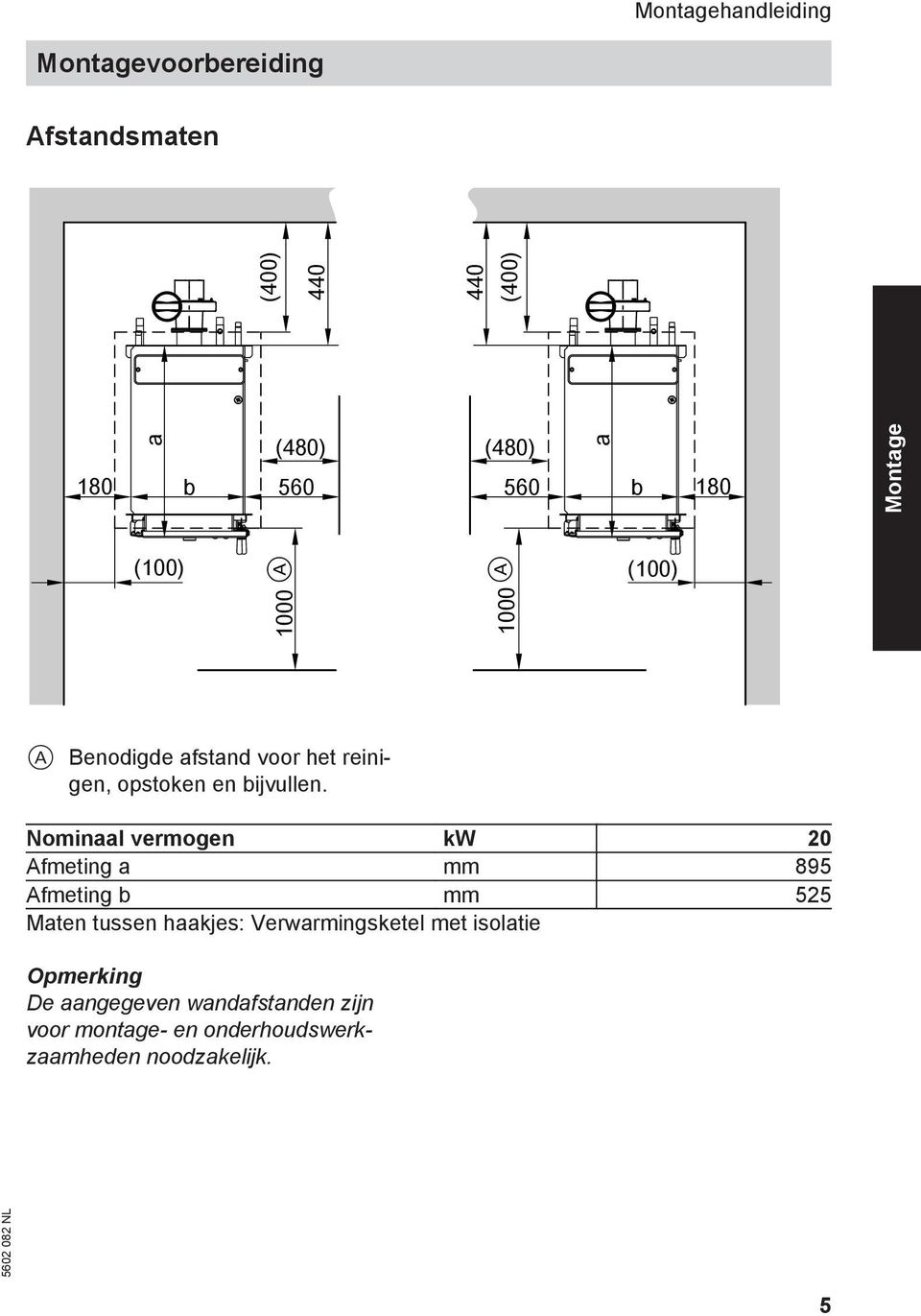 ominaal vermogen kw 0 Afmeting a mm 895 Afmeting b mm 55 Maten tussen haakjes: Verwarmingsketel met