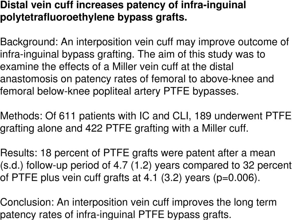 Methods: Of 611 patients with IC and CLI, 189 underwent PTFE grafting alone and 422 PTFE grafting with a Miller cuff. Results: 18 percent of PTFE grafts were patent after a mean (s.d.) follow-up period of 4.
