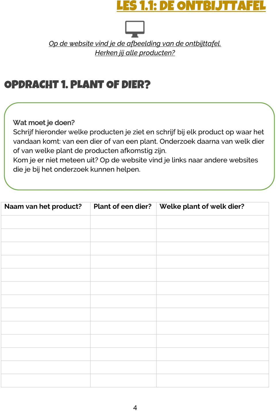 Schrijf hieronder welke producten je ziet en schrijf bij elk product op waar het vandaan komt: van een dier of van een plant.