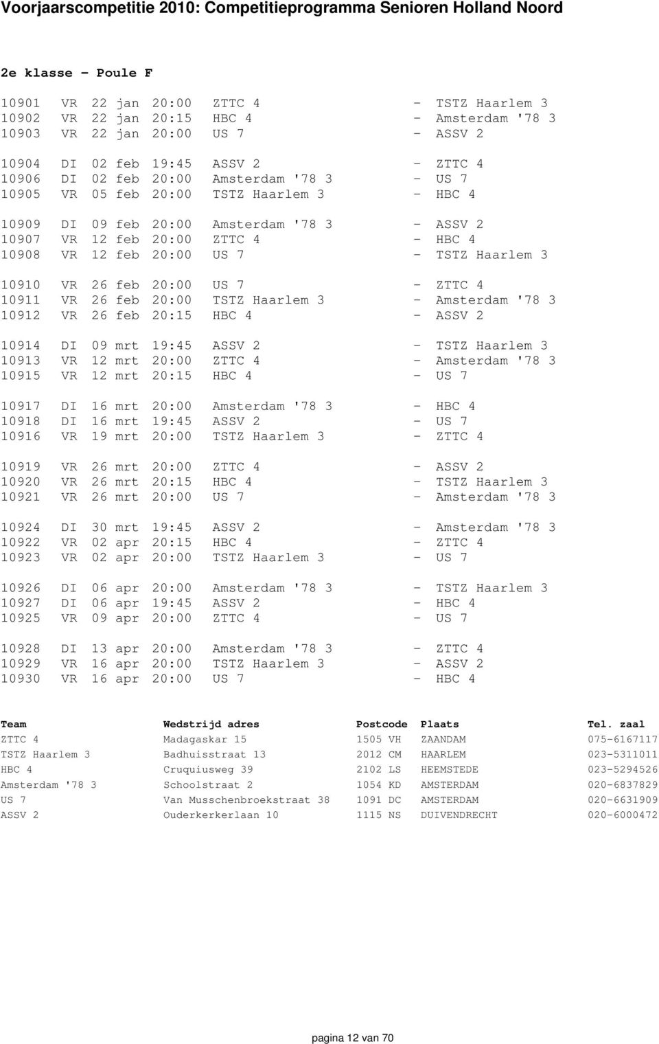 Haarlem 3 10910 VR 26 feb 20:00 US 7 - ZTTC 4 10911 VR 26 feb 20:00 TSTZ Haarlem 3 - Amsterdam '78 3 10912 VR 26 feb 20:15 HBC 4 - ASSV 2 10914 DI 09 mrt 19:45 ASSV 2 - TSTZ Haarlem 3 10913 VR 12 mrt