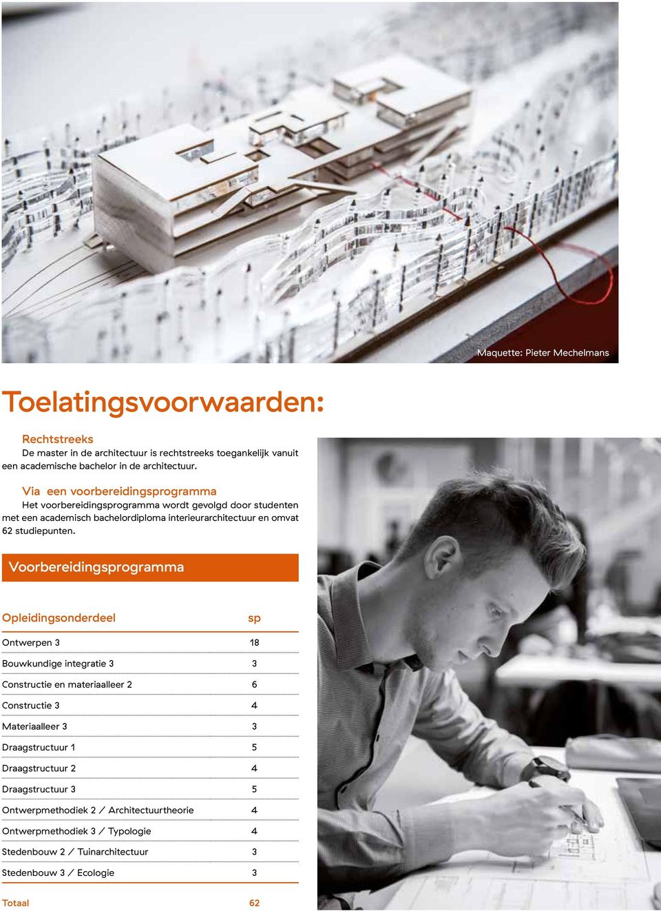 Voorbereidingsprogramma Opleidingsonderdeel sp Ontwerpen 3 18 Bouwkundige integratie 3 3 Constructie en materiaalleer 2 6 Constructie 3 4 Materiaalleer 3 3 Draagstructuur 1 5