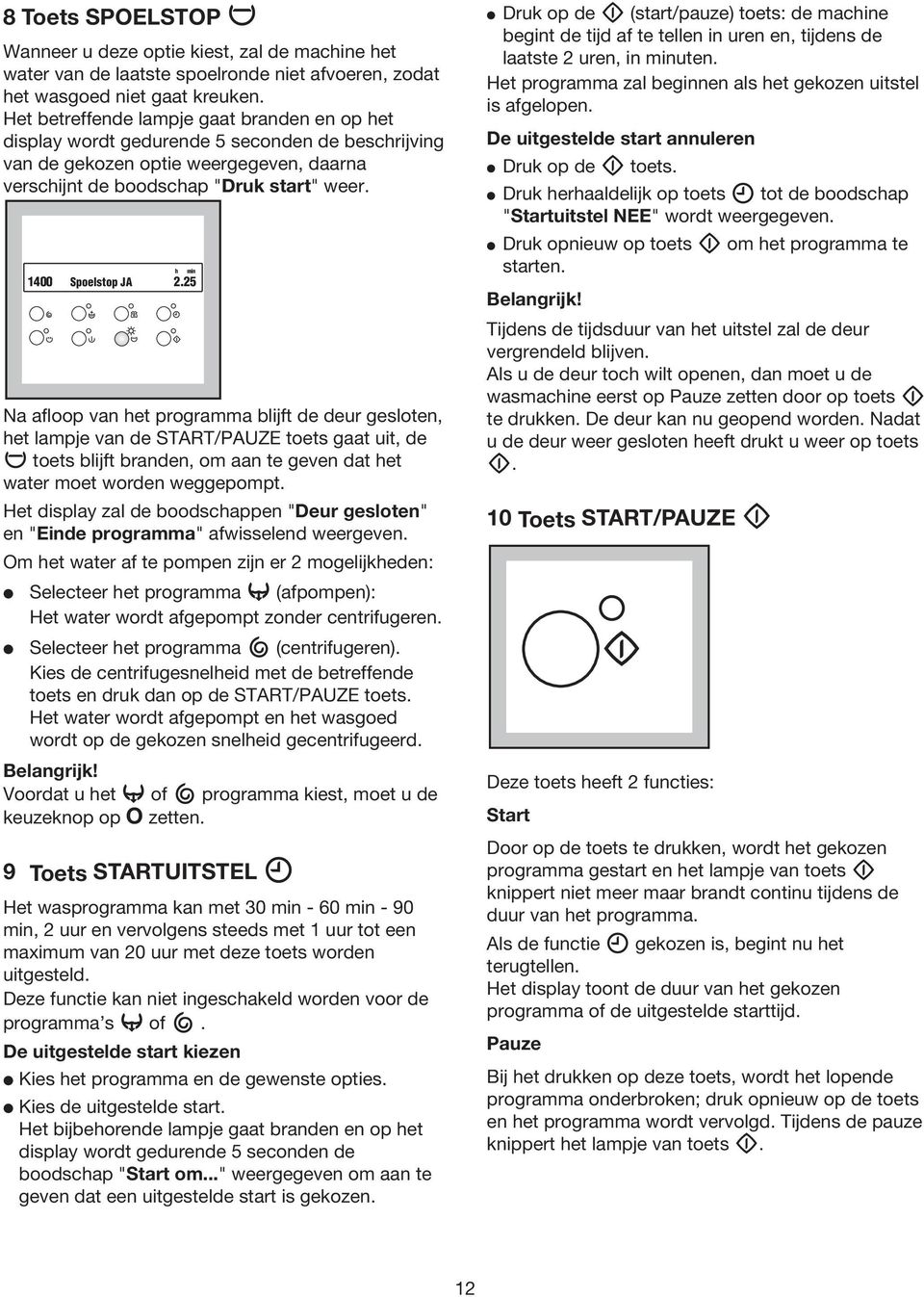 1400 Spoelstop JA 2.25 Na afloop van het programma blijft de deur gesloten, het lampje van de START/PAUZE toets gaat uit, de toets blijft branden, om aan te geven dat het water moet worden weggepompt.