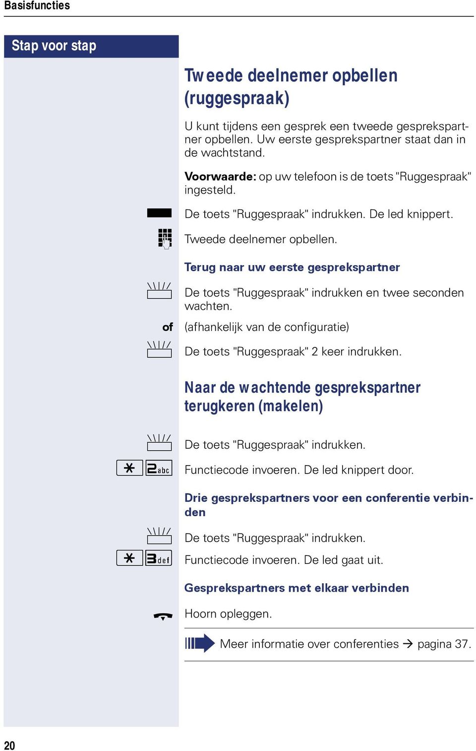 Terug naar uw eerste gesprekspartner T of T De toets "Ruggespraak" indrukken en twee seconden wachten. (afhankelik van de configuratie) De toets "Ruggespraak" 2 keer indrukken.