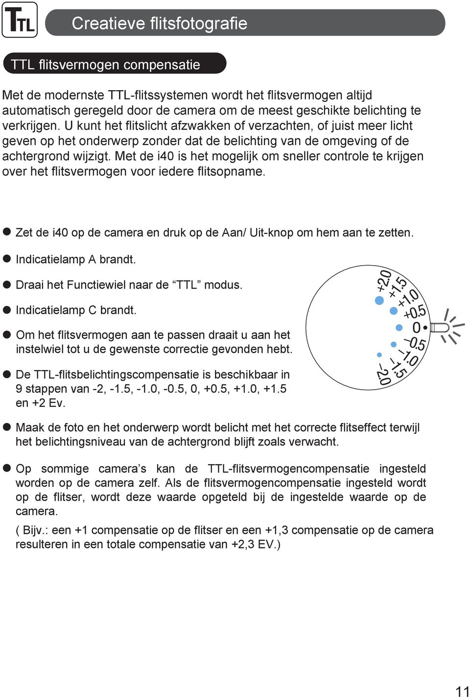 Met de i40 is het mogelijk om sneller controle te krijgen over het flitsvermogen voor iedere flitsopname. Zet de i40 op de camera en druk op de Aan/ Uit-knop om hem aan te zetten.