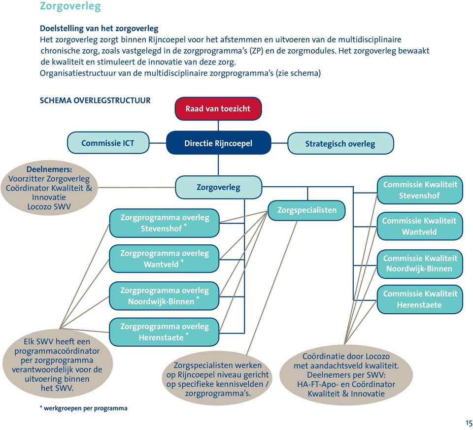 Organisatiestructuur van de multidisciplinaire zorgprogramma s (zie schema) SCHEMA OVERLEGSTRUCTUUR Raad van toezicht Commissie ICT Directie Rijncoepel Strategisch overleg Deelnemers: Voorzitter