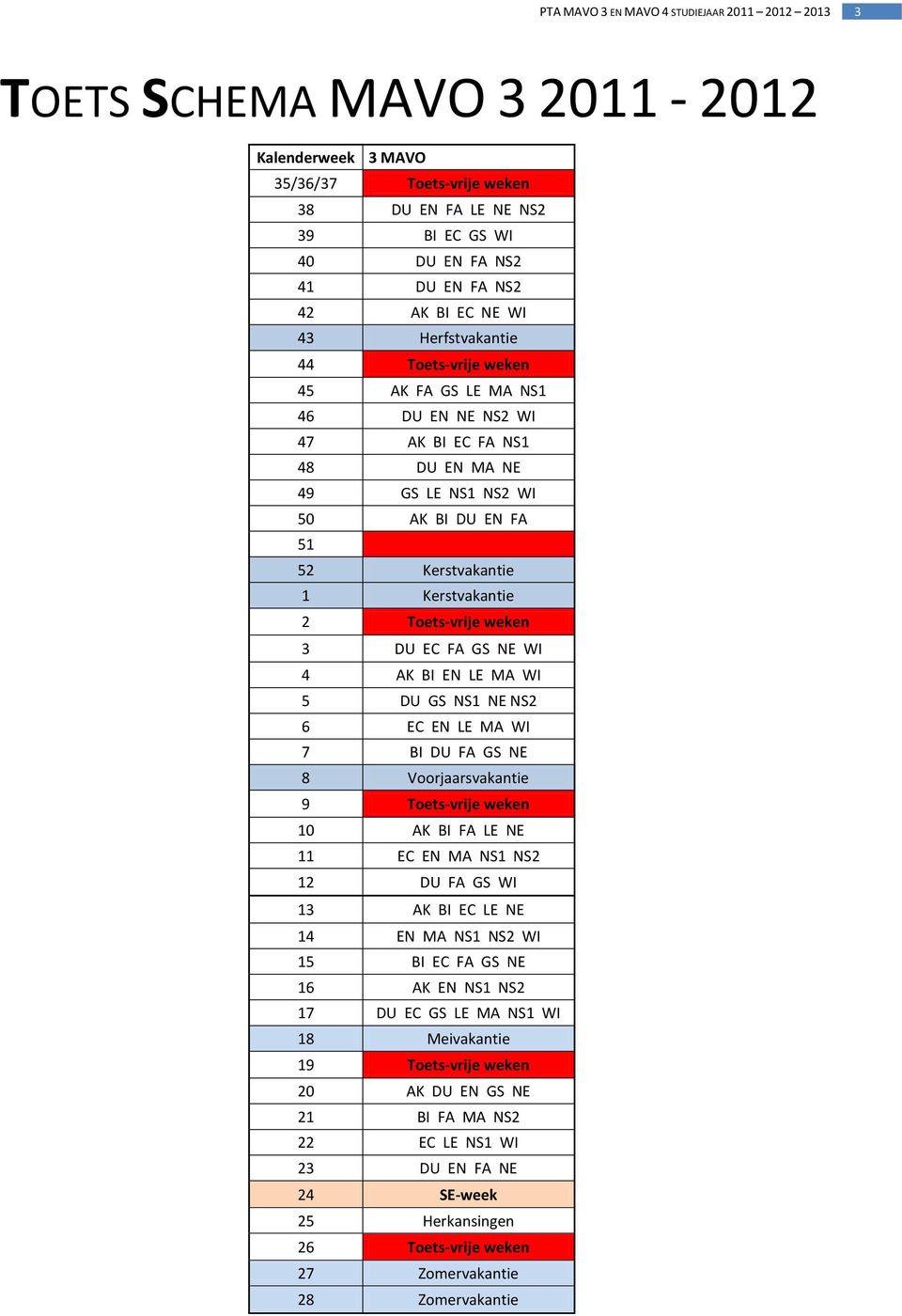 BI EN LE MA WI 5 DU GS NS1 NE NS2 6 EC EN LE MA WI 7 BI DU FA GS NE 8 Voorjaarsvakantie 9 Toets-vrije weken 10 AK BI FA LE NE 11 EC EN MA NS1 NS2 12 DU FA GS WI 13 AK BI EC LE NE 14 EN MA NS1 NS2 WI