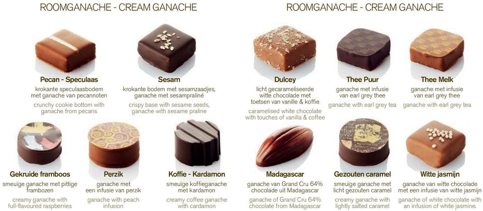 chocolate with touches of vanilla & coffee Thee Puur ganache met infusie van earl grey thee ganache with earl grey tea Thee Melk ganache met infusie van earl grey thee ganache with earl grey tea