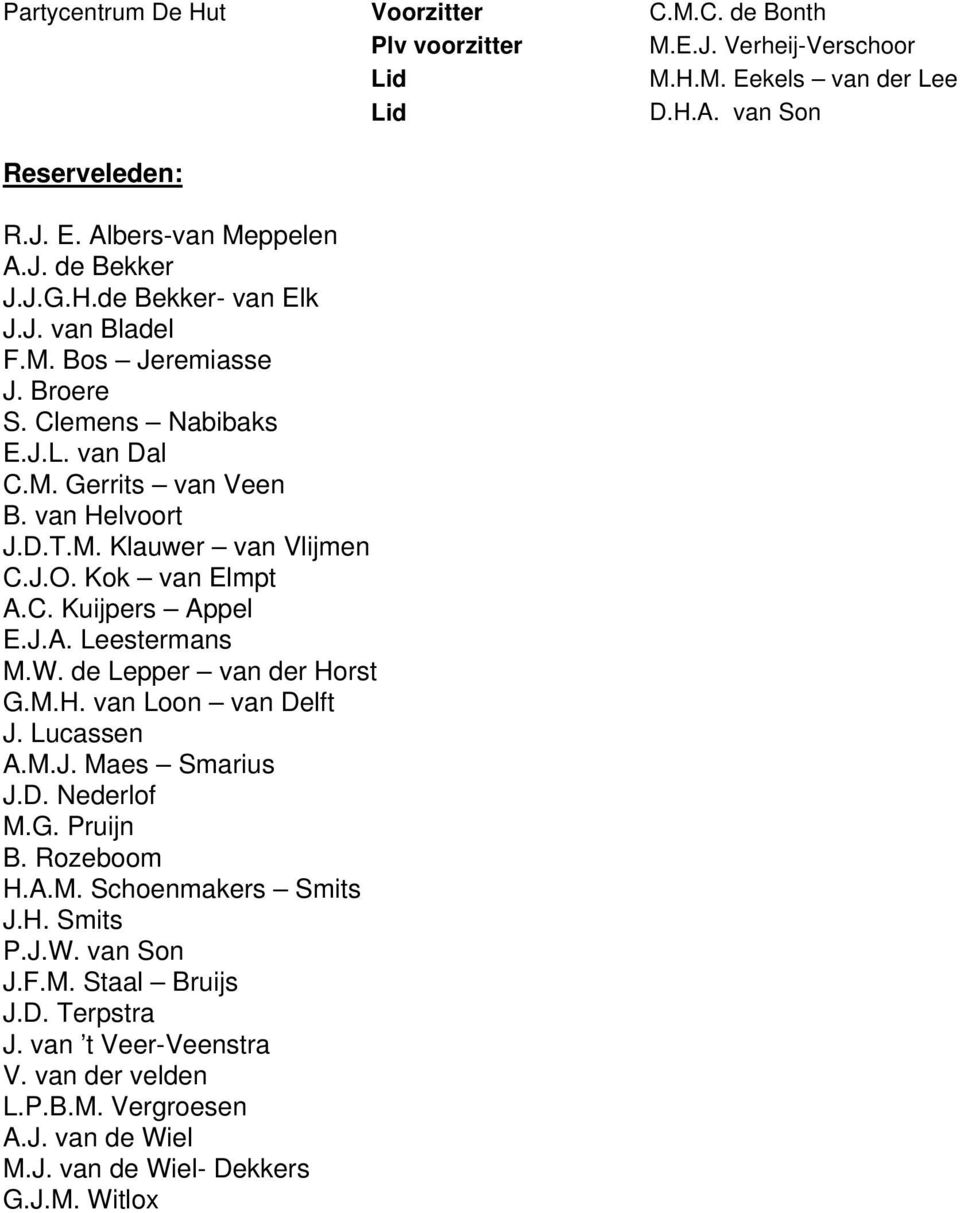 J.A. Leestermans M.W. de Lepper van der Horst G.M.H. van Loon van Delft J. Lucassen A.M.J. Maes Smarius J.D. Nederlof M.G. Pruijn B. Rozeboom H.A.M. Schoenmakers Smits J.H. Smits P.J.W. van Son J.